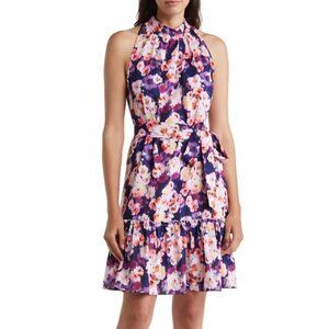 Sam Edelman Floral Mini Dress Women's Size M Purple High Neck Wedding Guest